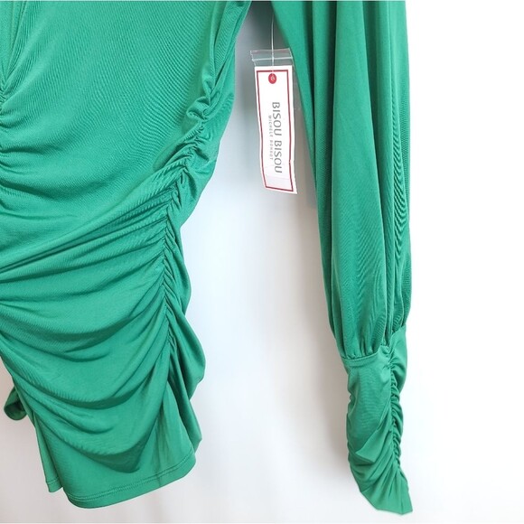 Y2k Ruched Blouse Slinky Emerald Green Long Sleeve NWT - Picture 6 of 16